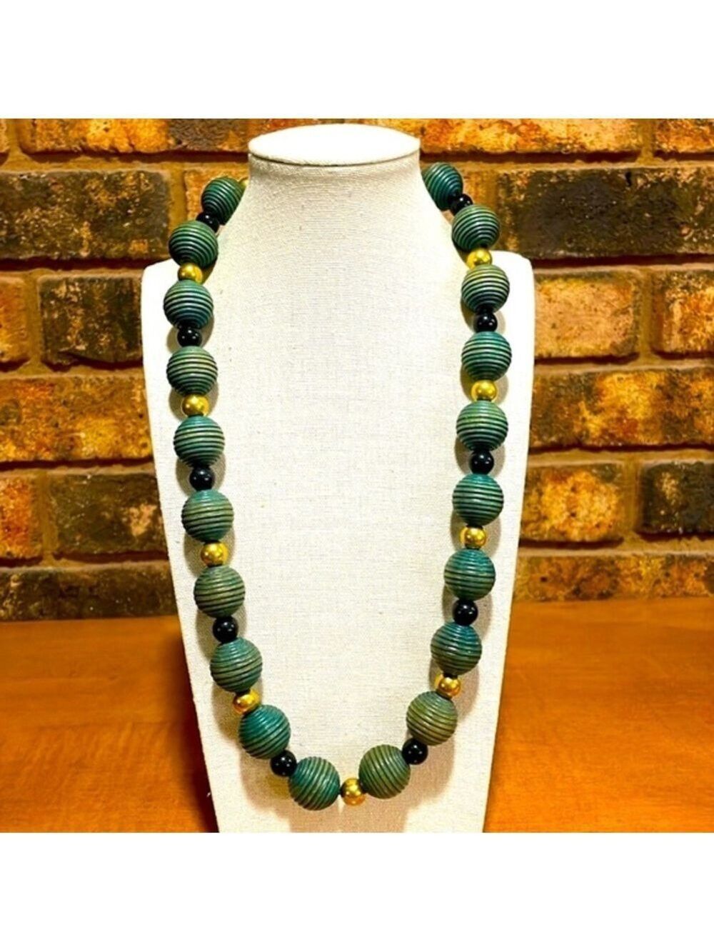 Green Wooden large beaded necklace with gold and black separator beads